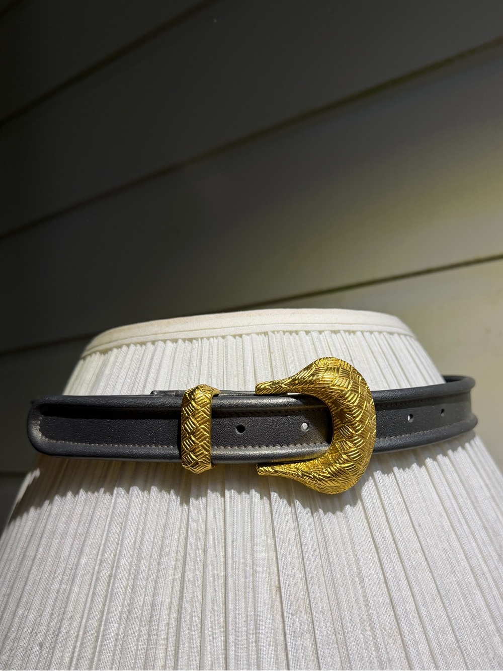 Vintage, gorgeous Gold Buckle  Leather Women's Belt grey green S-M